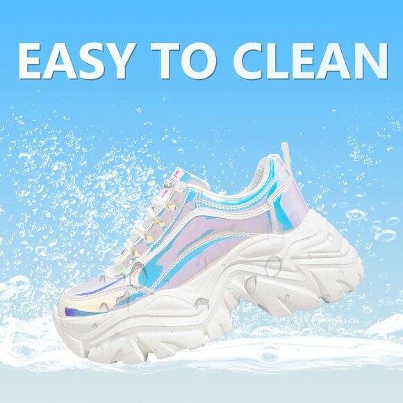 Brand New Women White Hologram Rubber LUCKY STEP Chunky Platform Sneakers - Picture 4 of 7